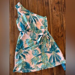 Cupshe Palm Print Dress in Teal and Pink